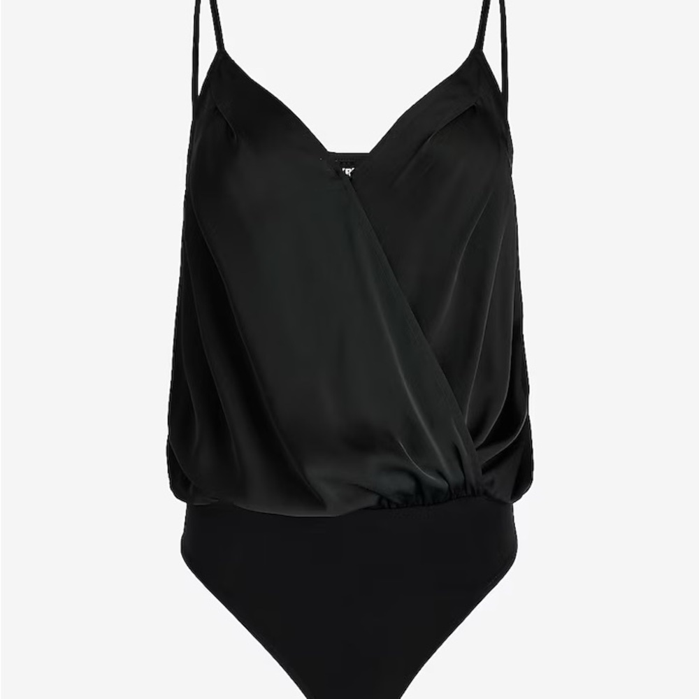 Express Satin Pleated Faux Wrap Cami Bodysuit Black Medium